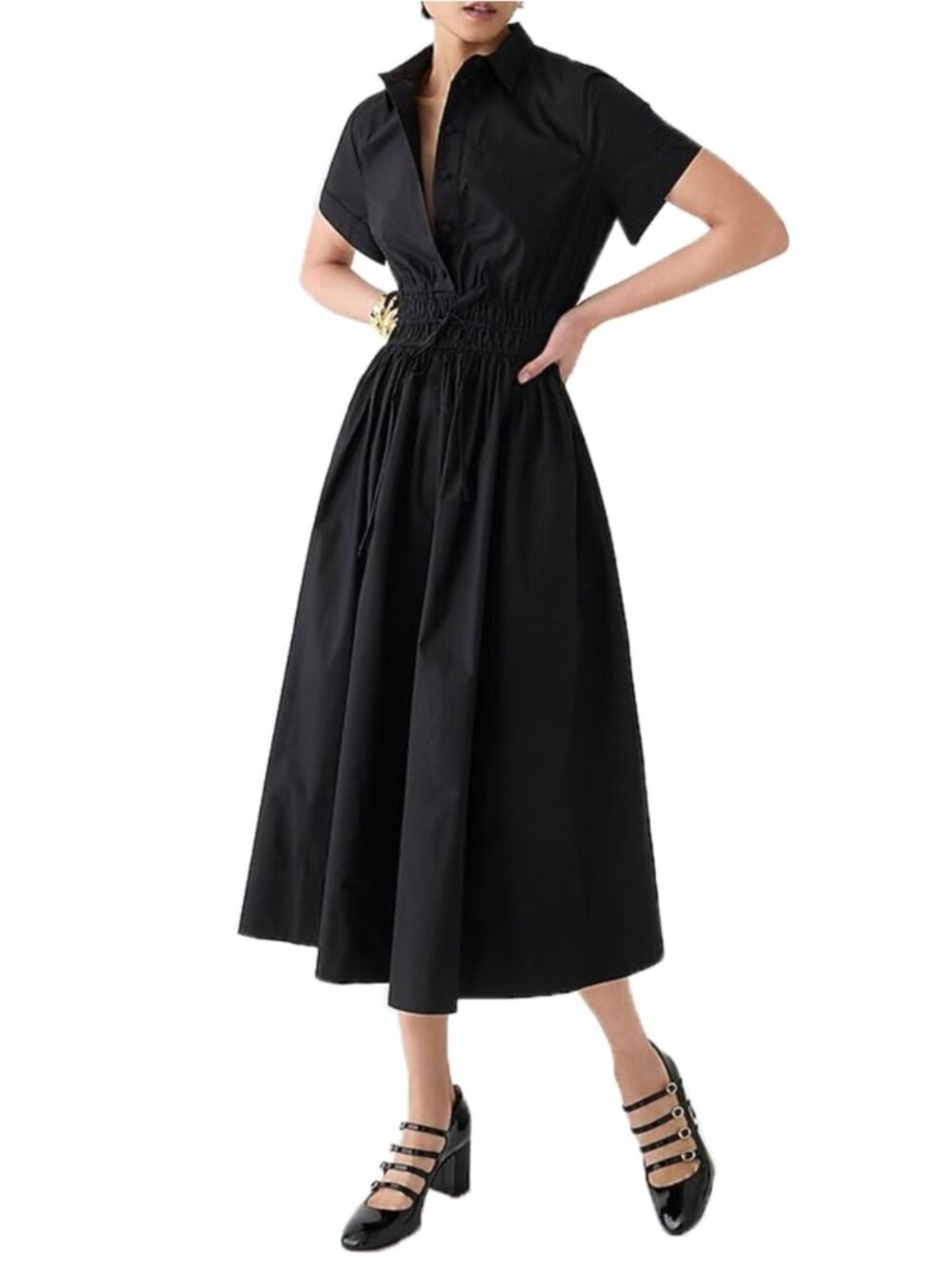 Button Down Midi Shirt Dress Tie Waist Short Sleeve Cotton Dress